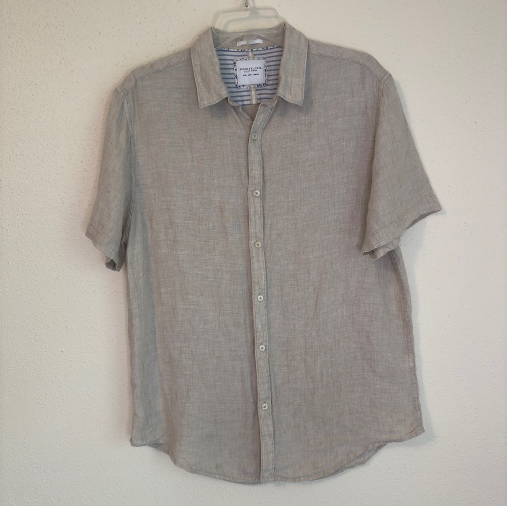 Denim & Flower Ricky Singh Shirt Men L Beige Short Sleeve Button Up Linen Resort